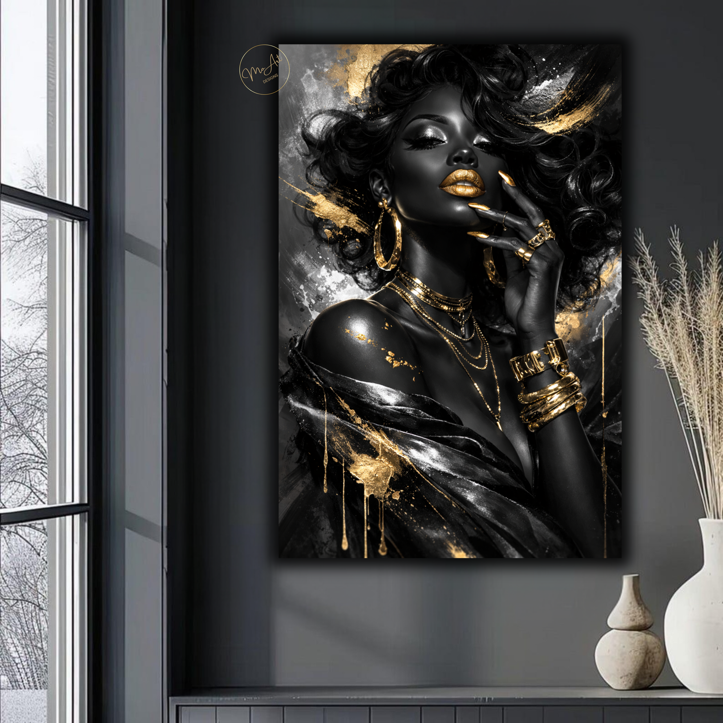 Black Woman Wall Art – Black & Silver Glam with Gold Lips | Luxury Afrocentric Canvas Print