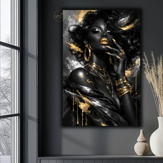 Black Woman Wall Art – Black & Silver Glam with Gold Lips | Luxury Afrocentric Canvas Print