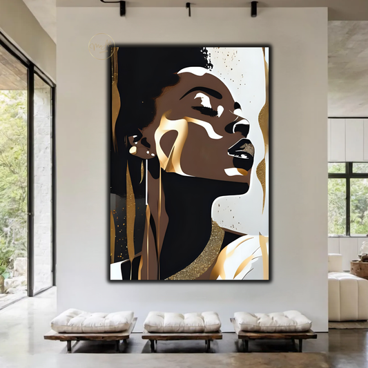 Black Woman Wall Art – Elegant Afrocentric Gold & Neutral Abstract Portrait Canvas Print