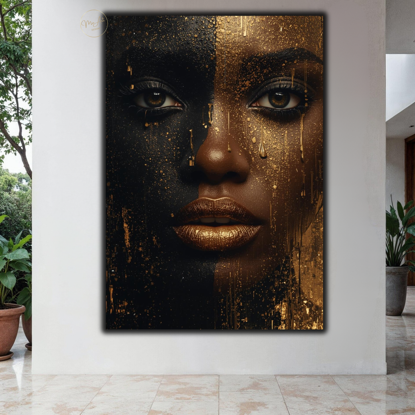 Black Woman Wall Art – Striking Gold Drip | Afrocentric Black & Gold Canvas Print