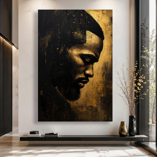 Black Man Wall Art Abstract Portrait | Black and Gold Canvas Print | African American Male Art  Modern Home Decor