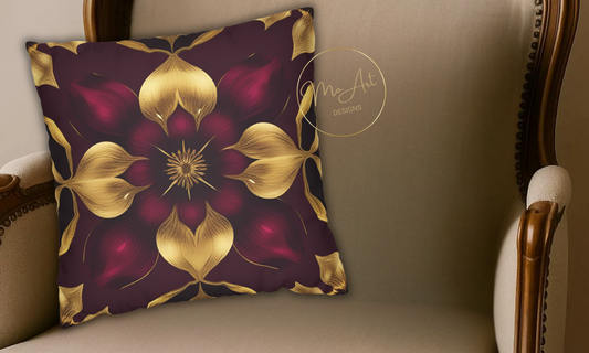 Burgundy and Gold Abstract Floral Design Faux Suede Pillow Case