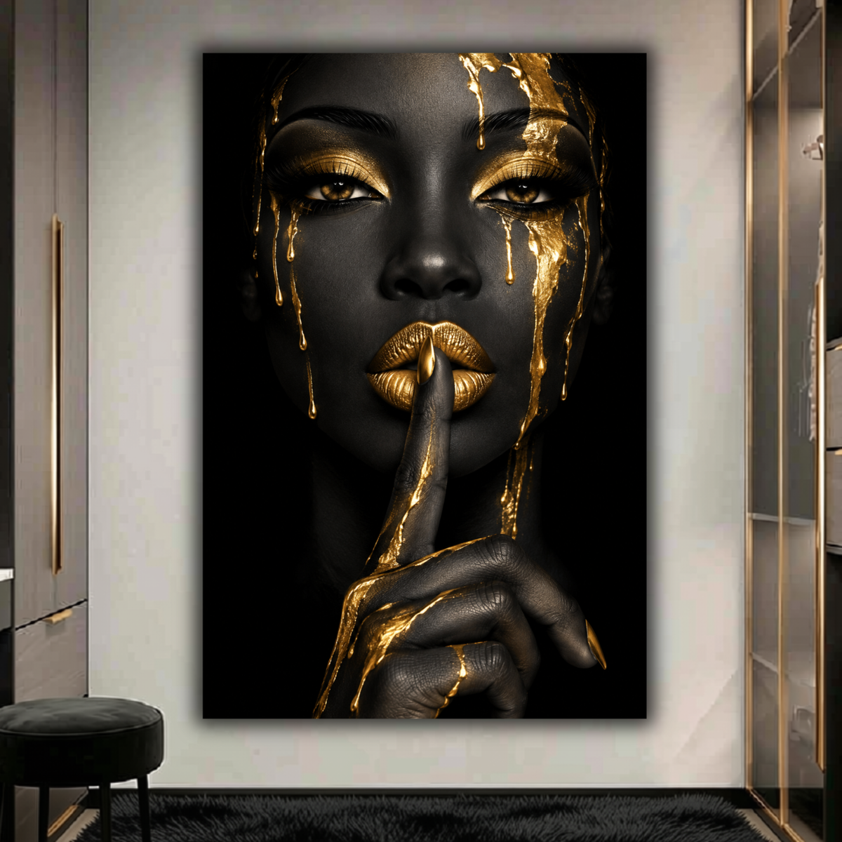 Black Woman Wall Art – Golden Whisper | Afrocentric Black & Gold Luxury Canvas Print