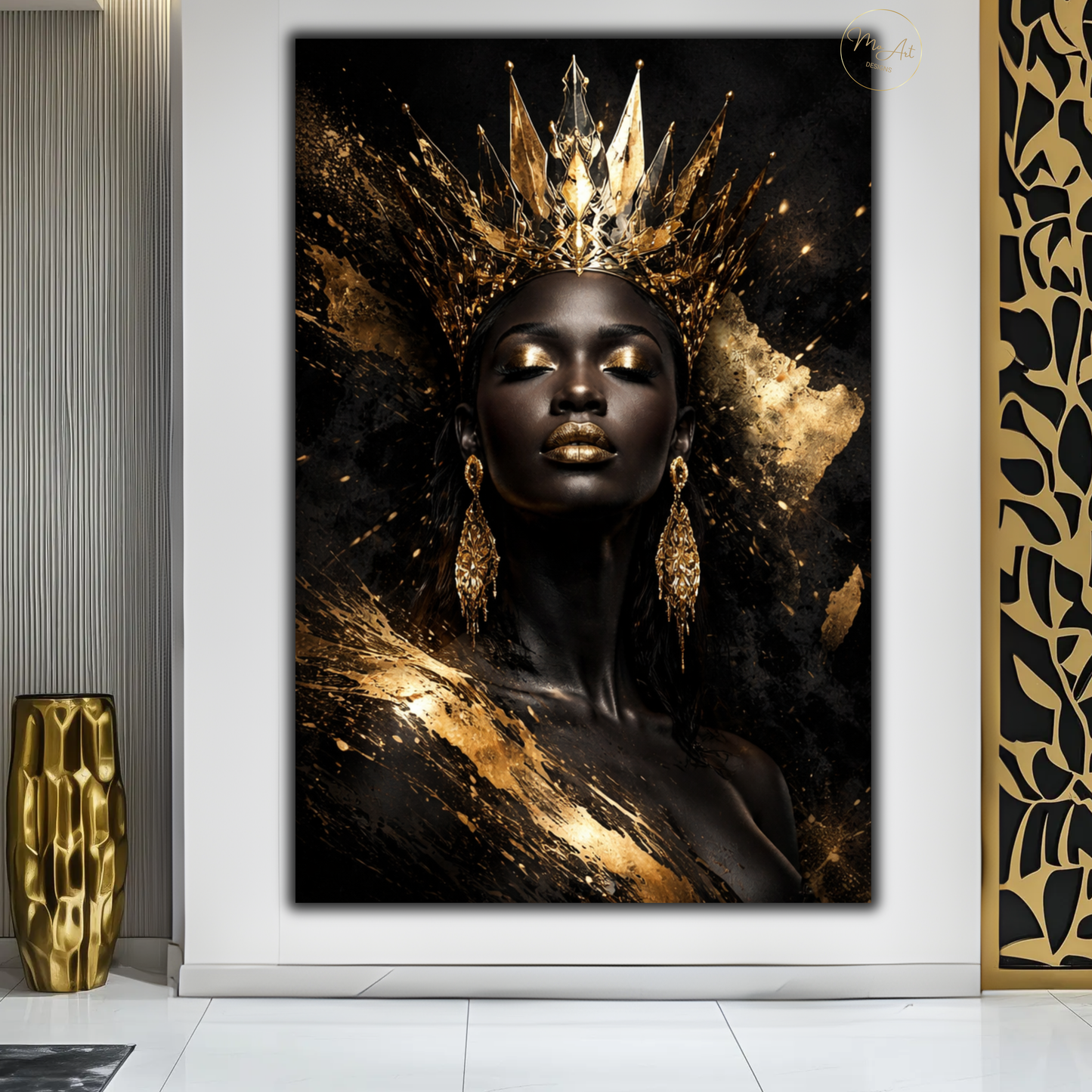 African Queen Black Woman Wall Art – Gold Crown Afrocentric Canvas Print