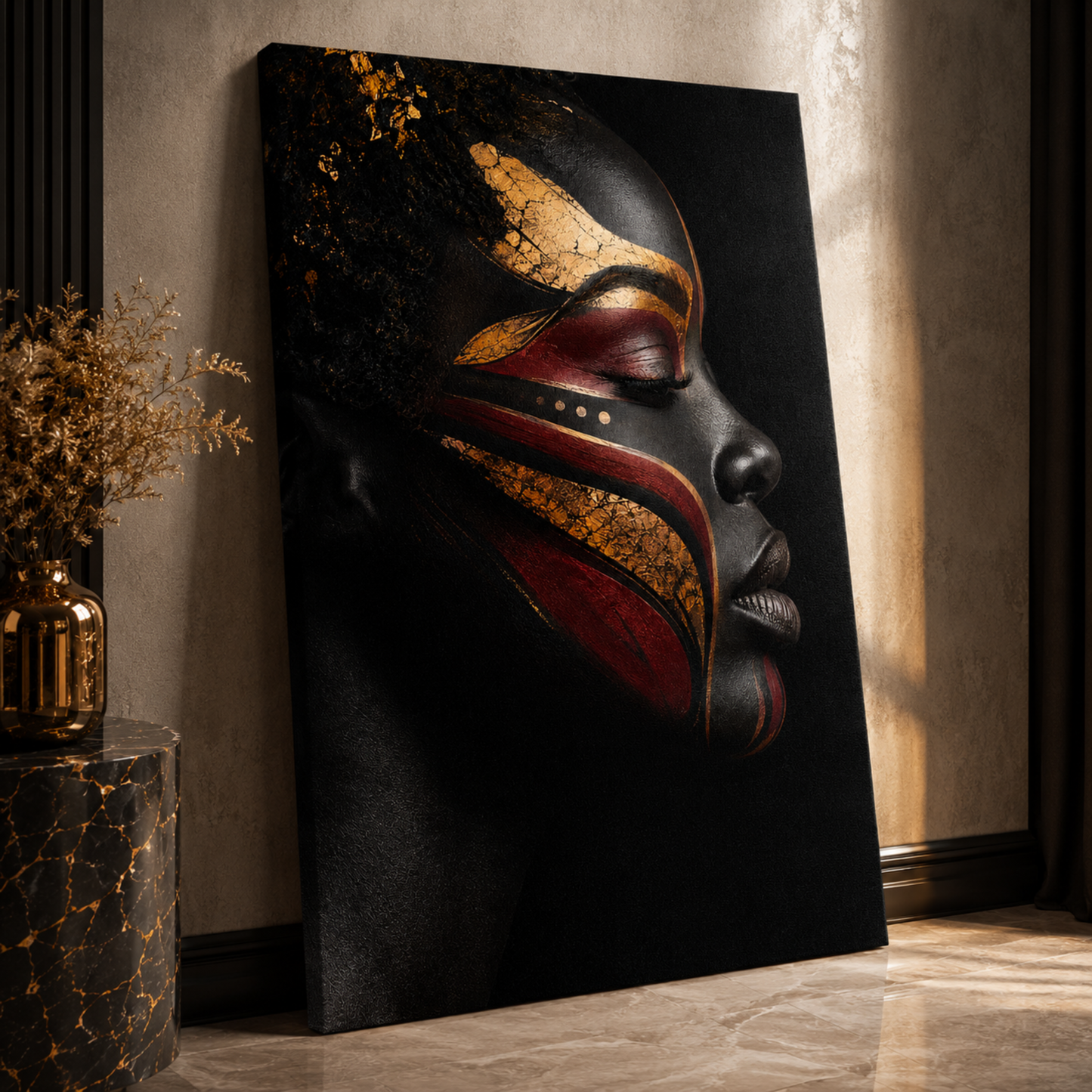 Black Woman Wall Art – Abstract Black, Gold & Burgundy Canvas Print | Luxury Afrocentric Wall Decor