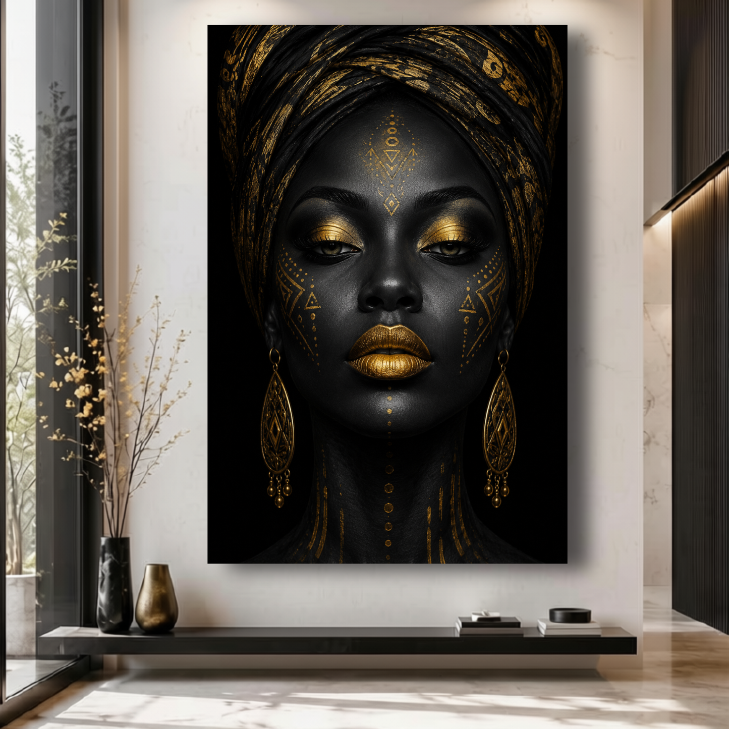 Black Woman Wall Art – Abstract Afrocentric Canvas Print | Black & Gold Wall Decor