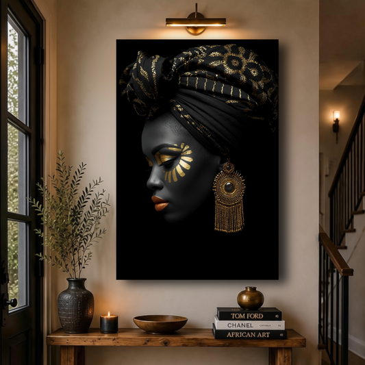 Black Woman Wall Art – Regal Radiance Black & Gold Canvas Print | Afrocentric Home Decor