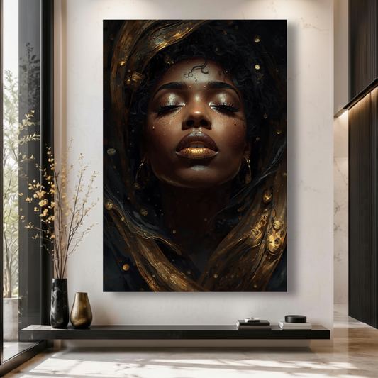 Black Woman Wall Art - Black & Gold Afrocentric Abstract Canvas Print
