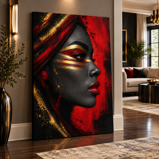 Black Woman Wall Art – Afrocentric Red, Black & Gold Portrait Canvas Print | Luxury Home Decor