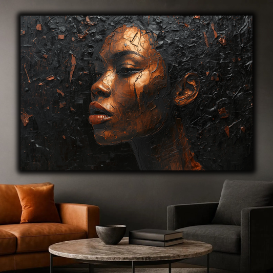 Black Woman Wall Art – Black & Copper Afrocentric Canvas Print | Luxury African American Portrait Wall Decor