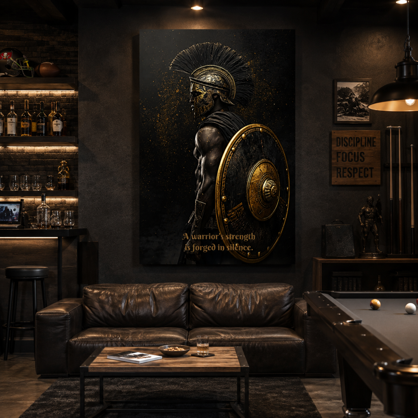 Spartan Warrior Motivational Quote Canvas Print | "Forged in Silence" Black & Gold Wall Art