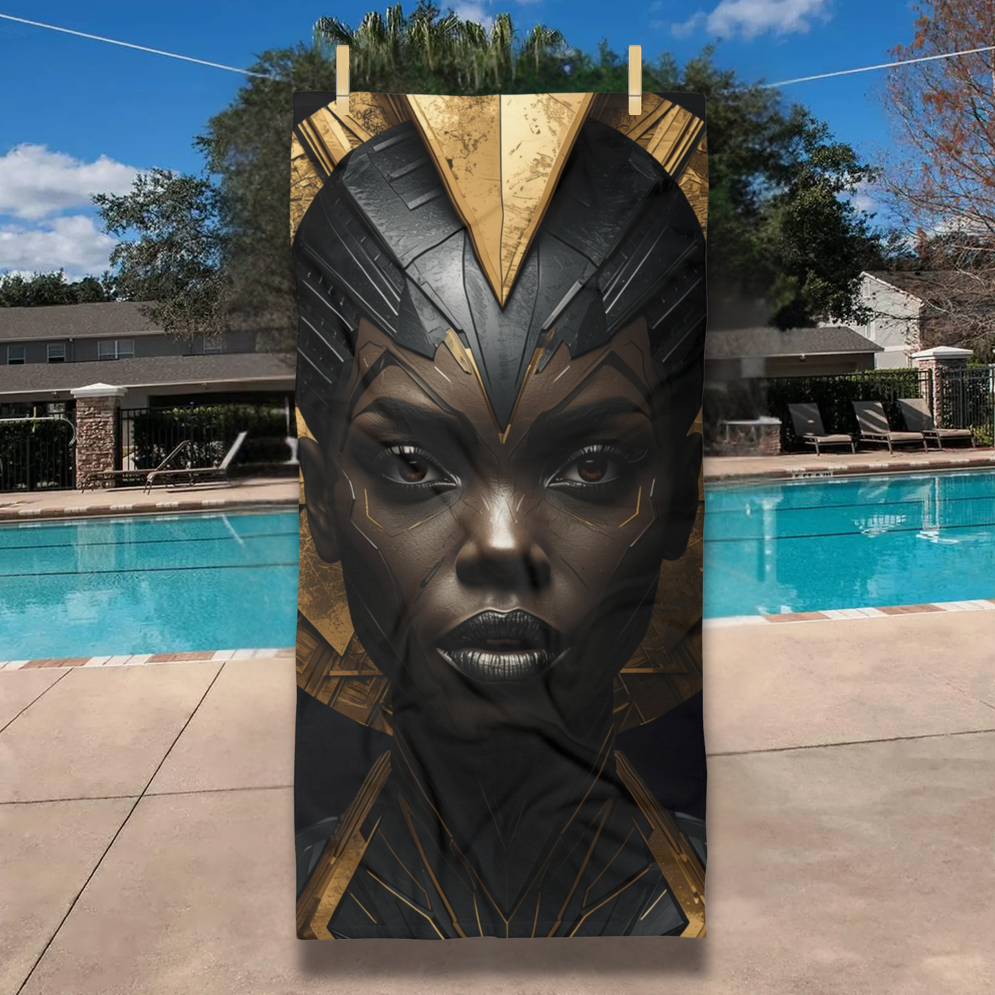 Black Woman Beach Towel / Bold African Warrior Goddess | Premium Black & Gold
