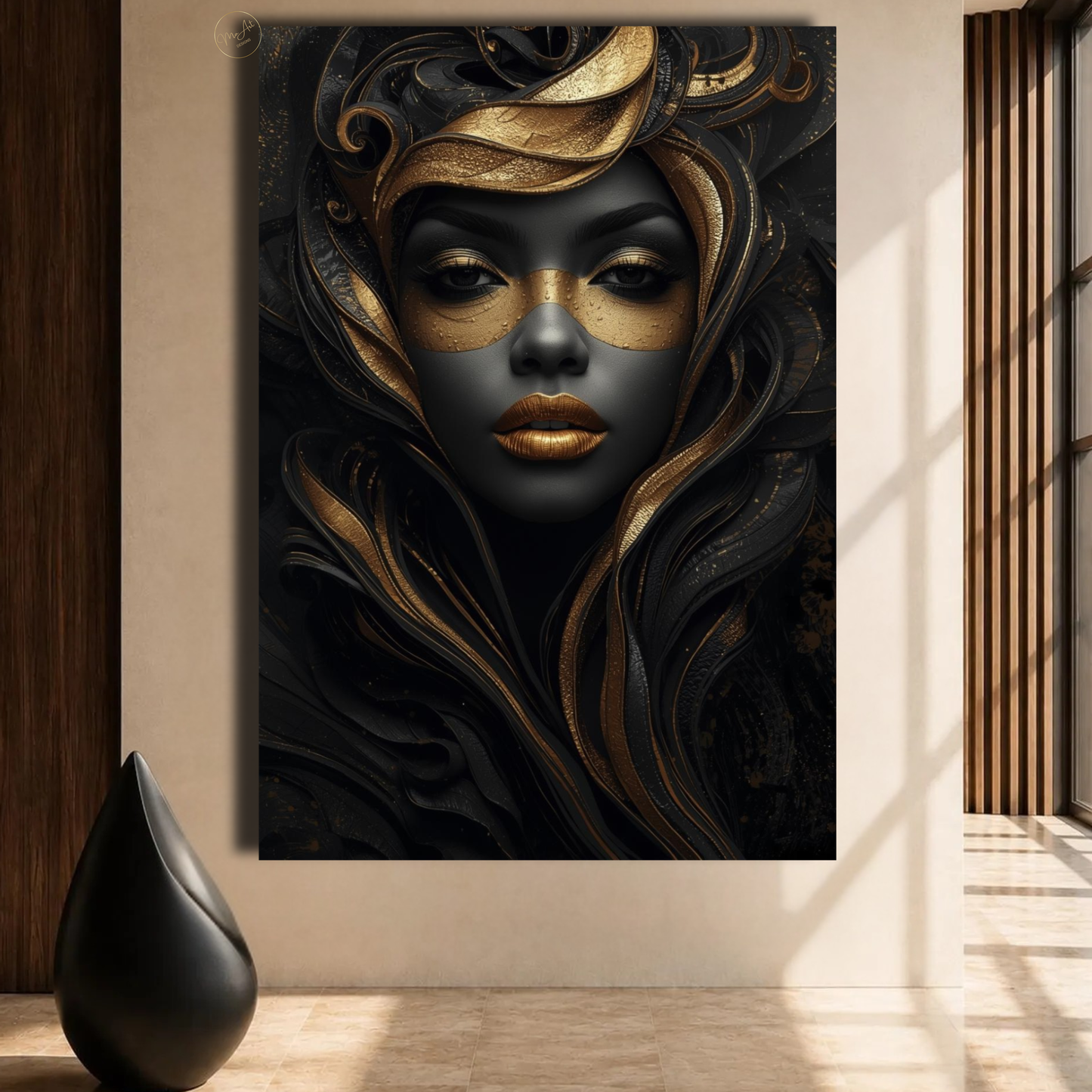 Black Woman Wall Art – Mysterious Black & Gold Afrocentric Canvas Print