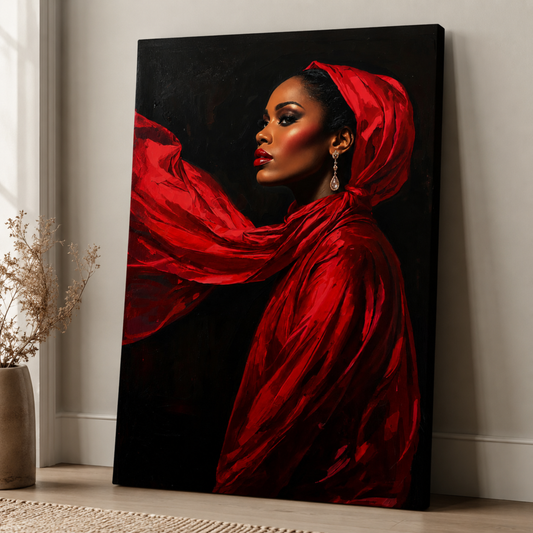 Black Woman Wall Art – Lady in Red Canvas Print | Elegant Afrocentric Home Decor