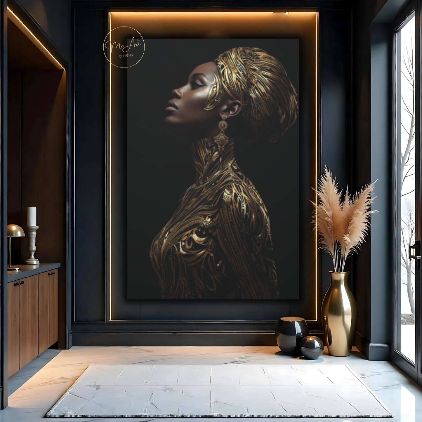 Black & Gold Woman Wall Art – Gilded Grace | Elegant Afrocentric Canvas Print