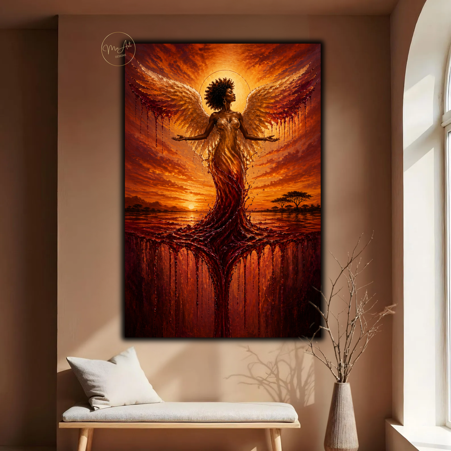 Black Woman Wall Art – Divine Angel at Sunset | Afrocentric Abstract Canvas Print