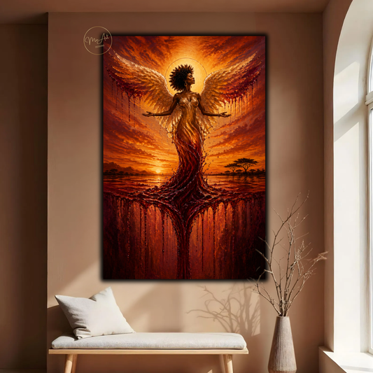Black Woman Wall Art – Divine Angel at Sunset | Afrocentric Abstract Canvas Print