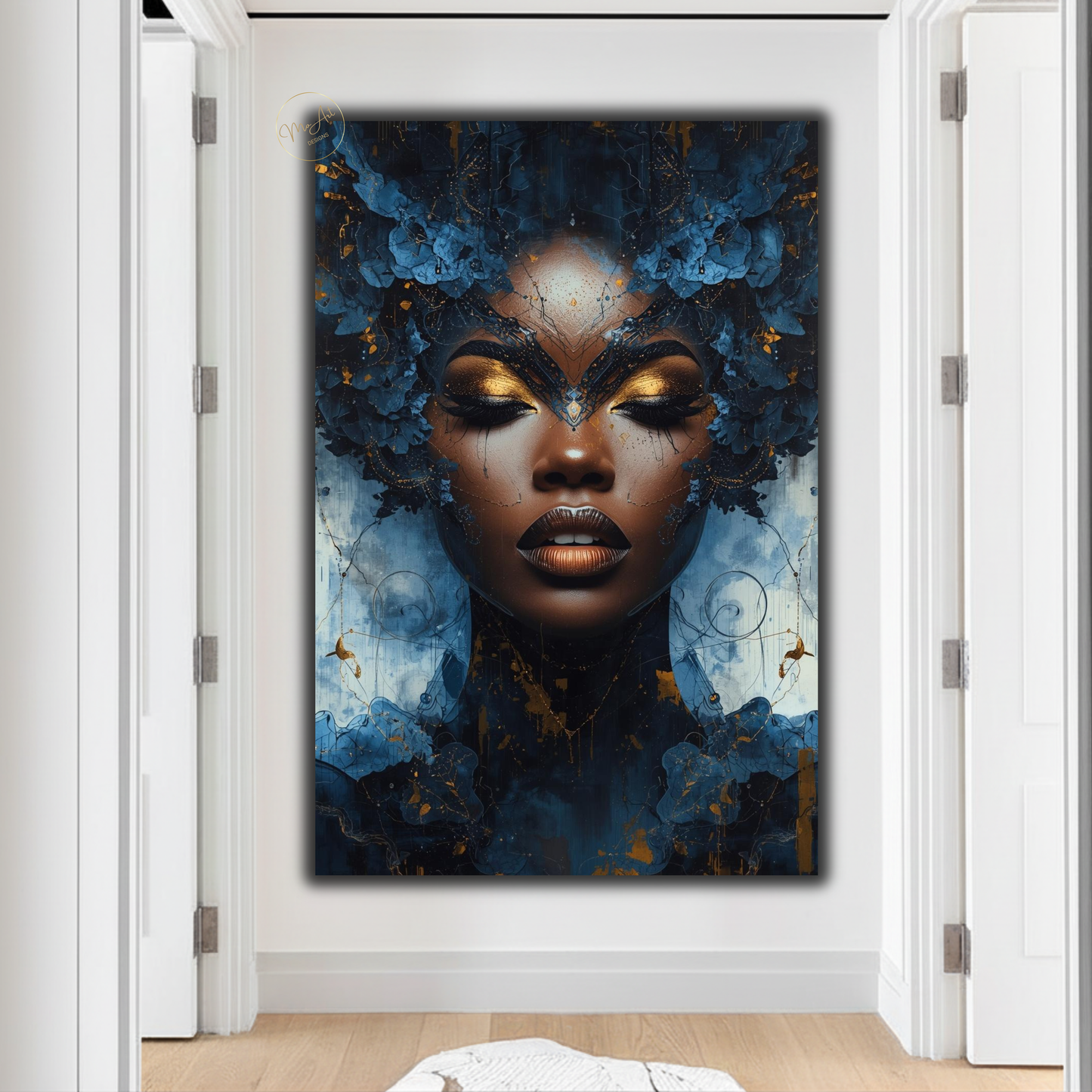 Afrocentric Black Woman Wall Art – Blue and Gold Abstract Canvas Print