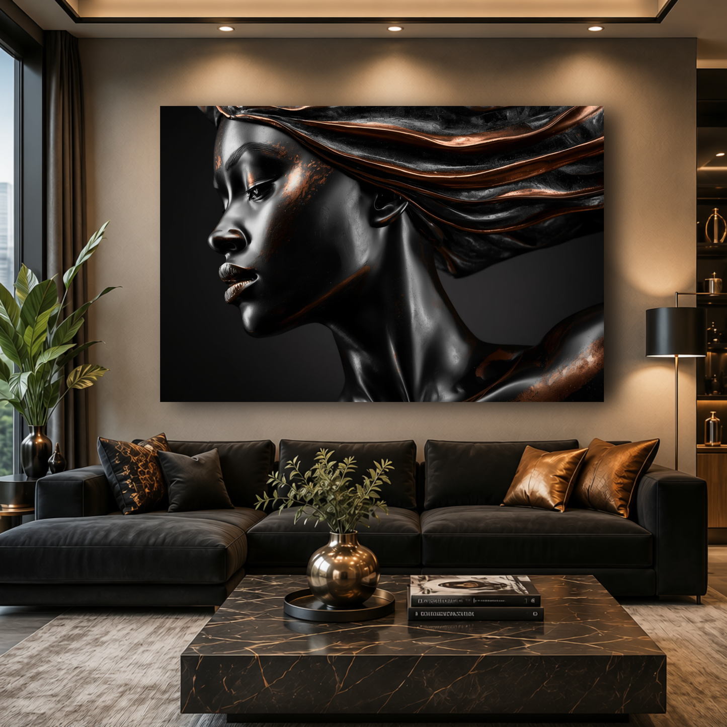 Black Woman Wall Art – Afrocentric Black & Copper Abstract Canvas Print | Modern Luxury Decor