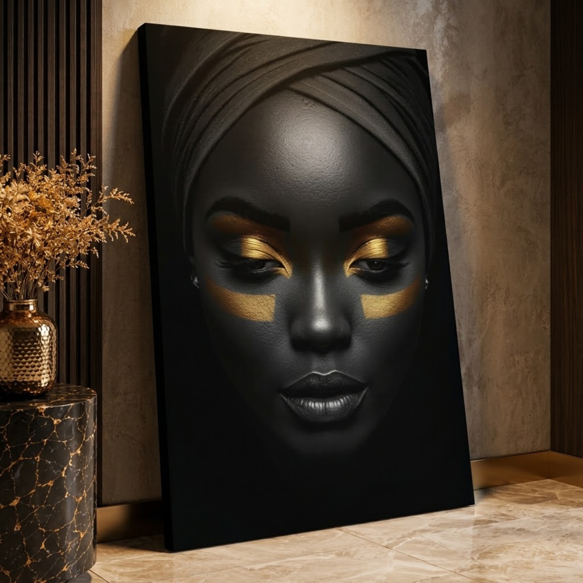 Black Woman Wall Art – Gilded Essence | Black & Gold  Luxury Portrait Canvas Print