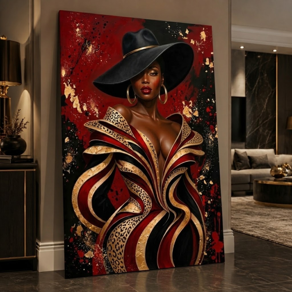 Black Woman Wall Art - Seductive Glamour | Red, Black & Gold Leopard Print Afrocentric Canvas Print