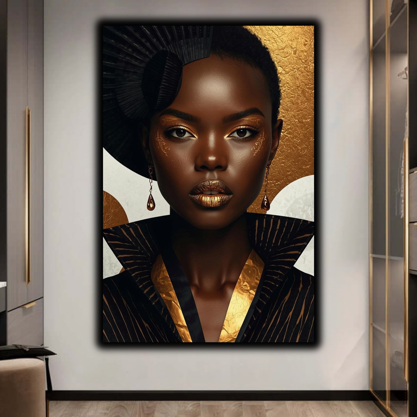 Black Woman Wall Art - Afrocentric Fashion in Black & Gold Canvas Print | Luxury African American Portrait Wall Decor
