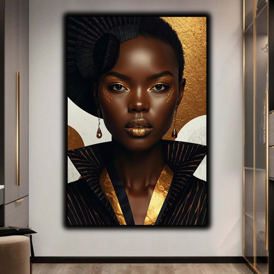 Black Woman Wall Art - Afrocentric Fashion in Black & Gold Canvas Print | Luxury African American Portrait Wall Decor