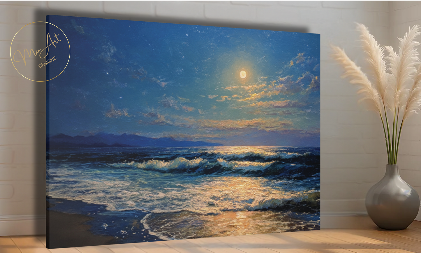 Moonlit Serenade Over Ocean Waves Canvas Wall Art