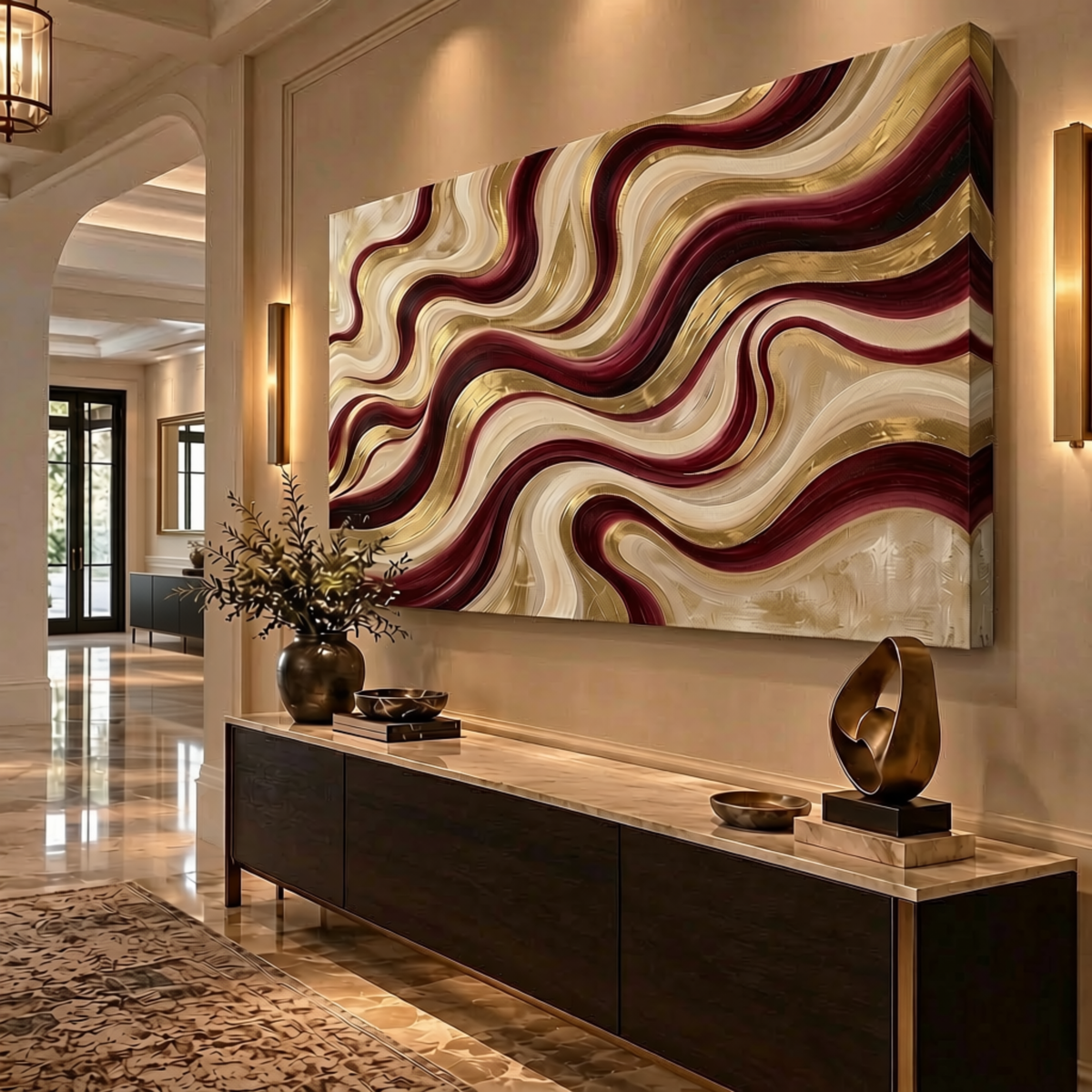 Flowing Waves – Burgundy & Gold Abstract Wall Art | Luxury Canvas Print