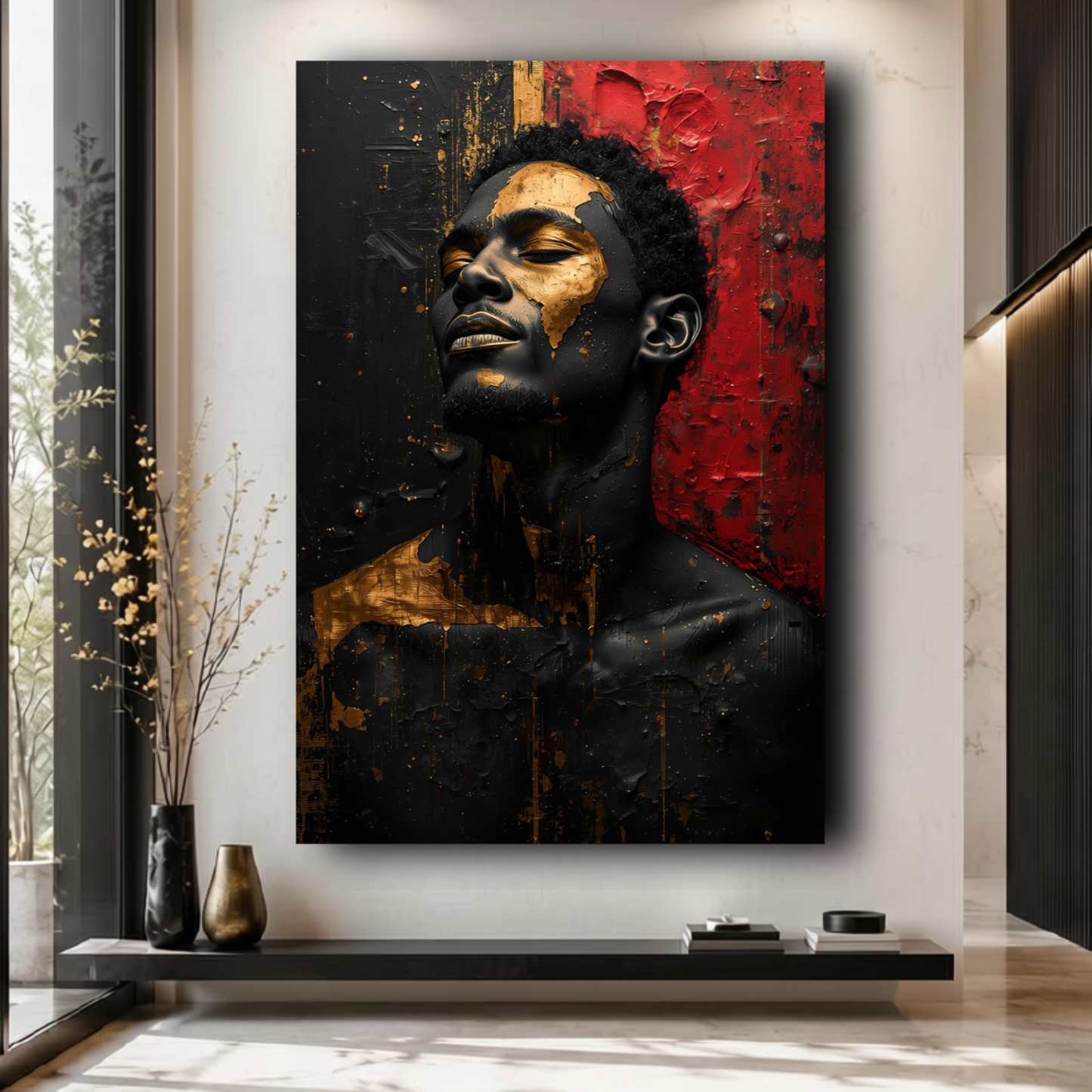 Black Man Wall Art - Afrocentric Abstract Canvas Print in Black, Gold & Red