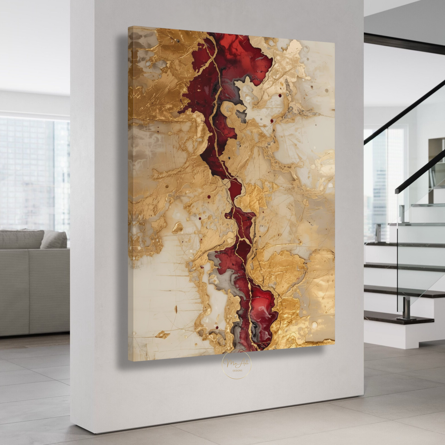 Crimson Rift – Abstract Gold Burgundy & Cream Wall Art - Vertical Canvas Print