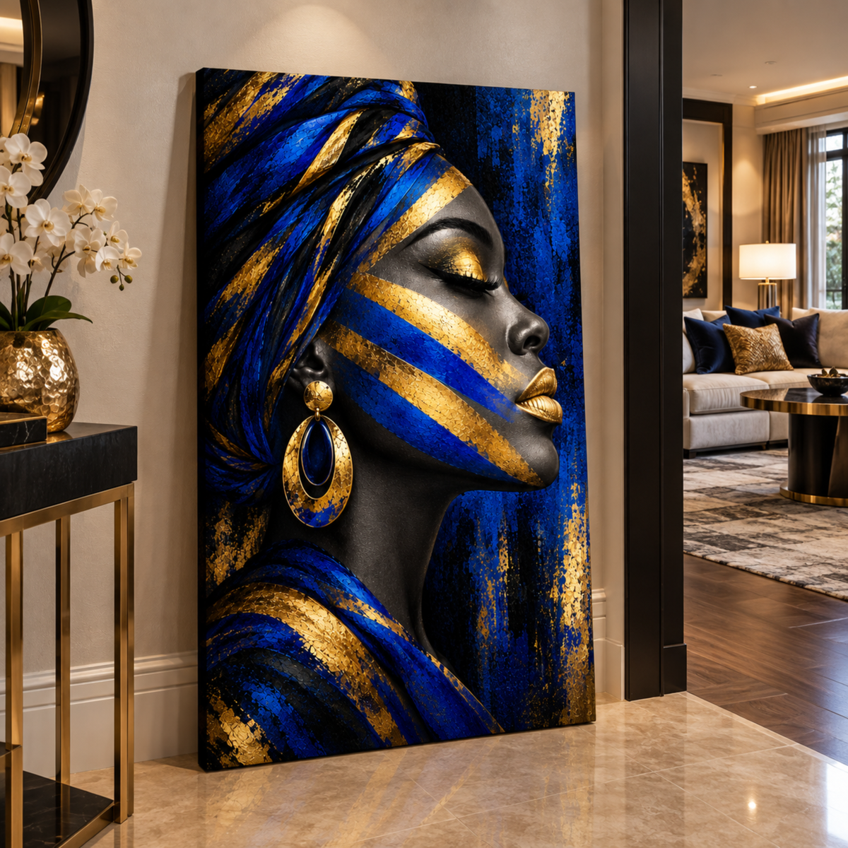 Black Woman Wall Art - Afrocentric Blue, Black & Gold Canvas Print | Luxury Home Decor