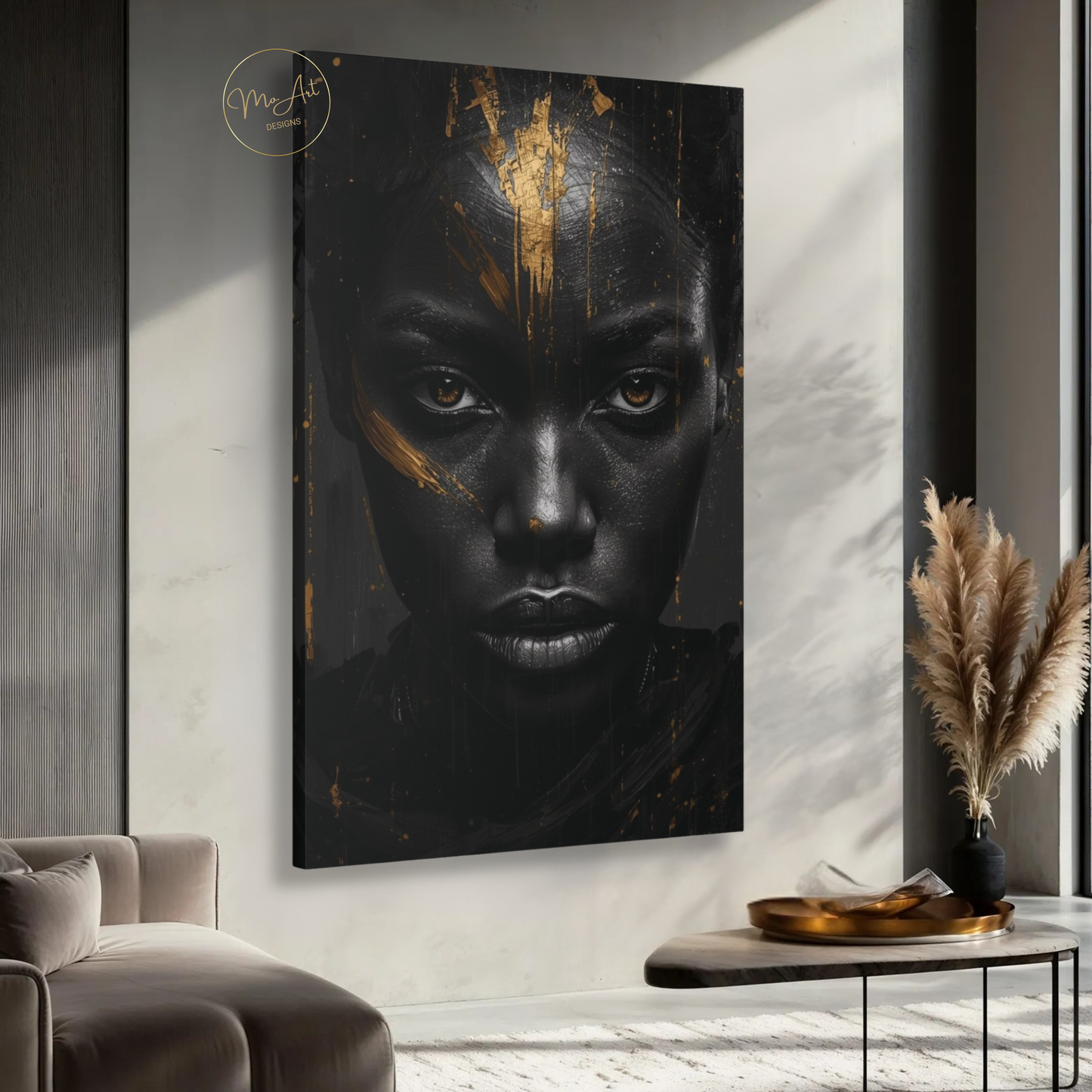 Black Woman Wall Art – Unbreakable Gaze | Black & Gold Statement Canvas Print