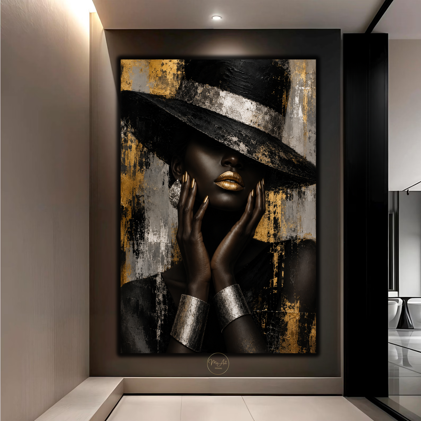 Black Woman Wall Art – Glamorous Black, Gold & Silver Abstract Canvas Print