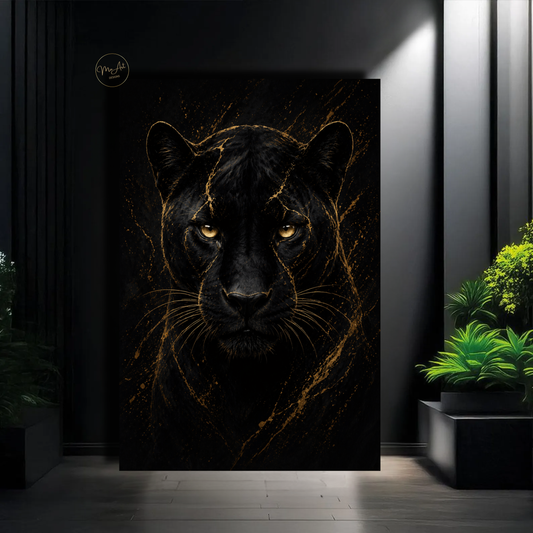 Black Panther Wall Art – Fierce Gold & Black Abstract Panther Canvas Print