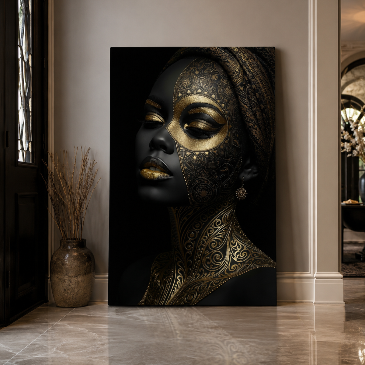 Black Woman Wall Art - Afrocentric Black & Gold Canvas Print | Luxury Home Decor