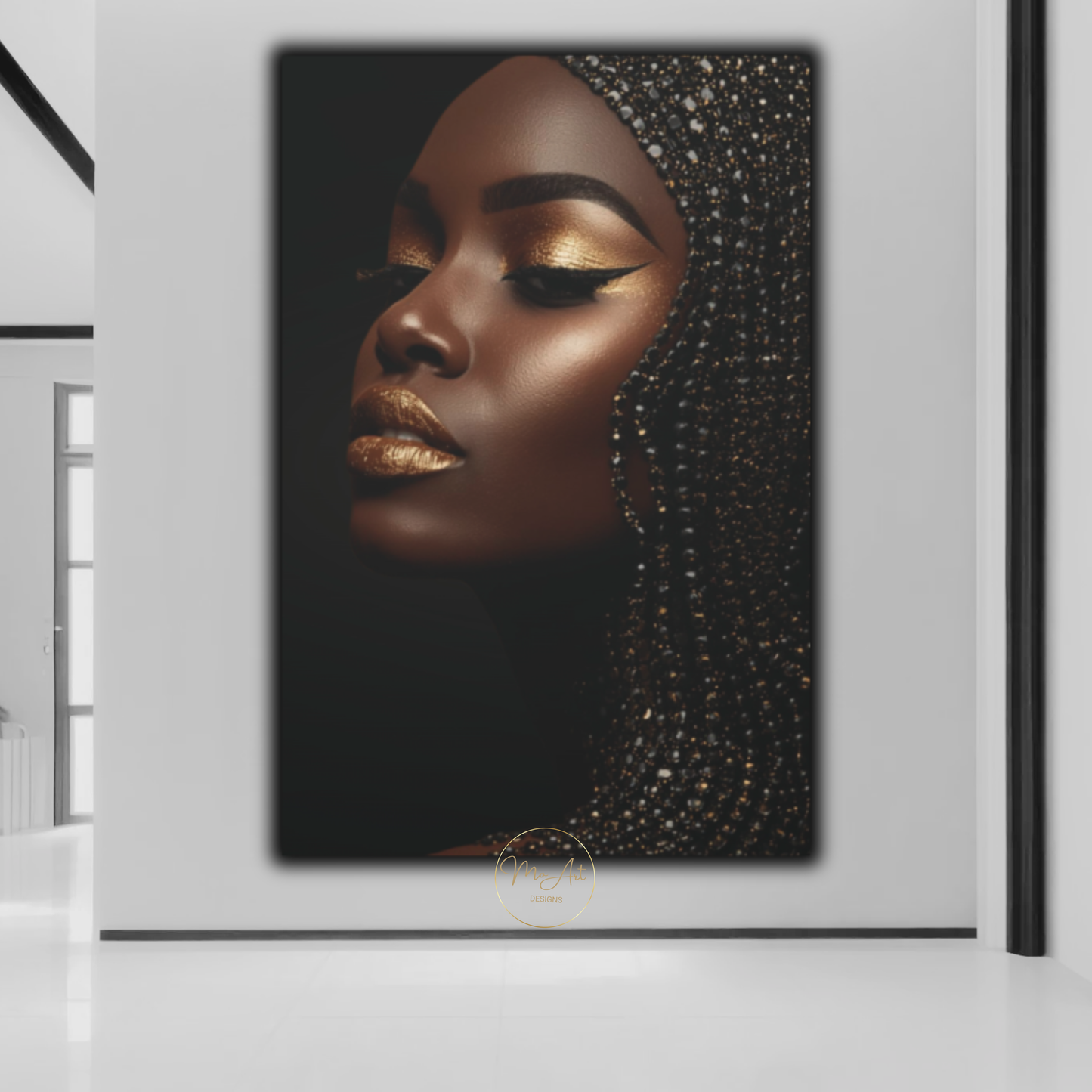 Black Woman Wall Art – Golden Radiance | Black & Gold Afrocentric Luxury Canvas Print