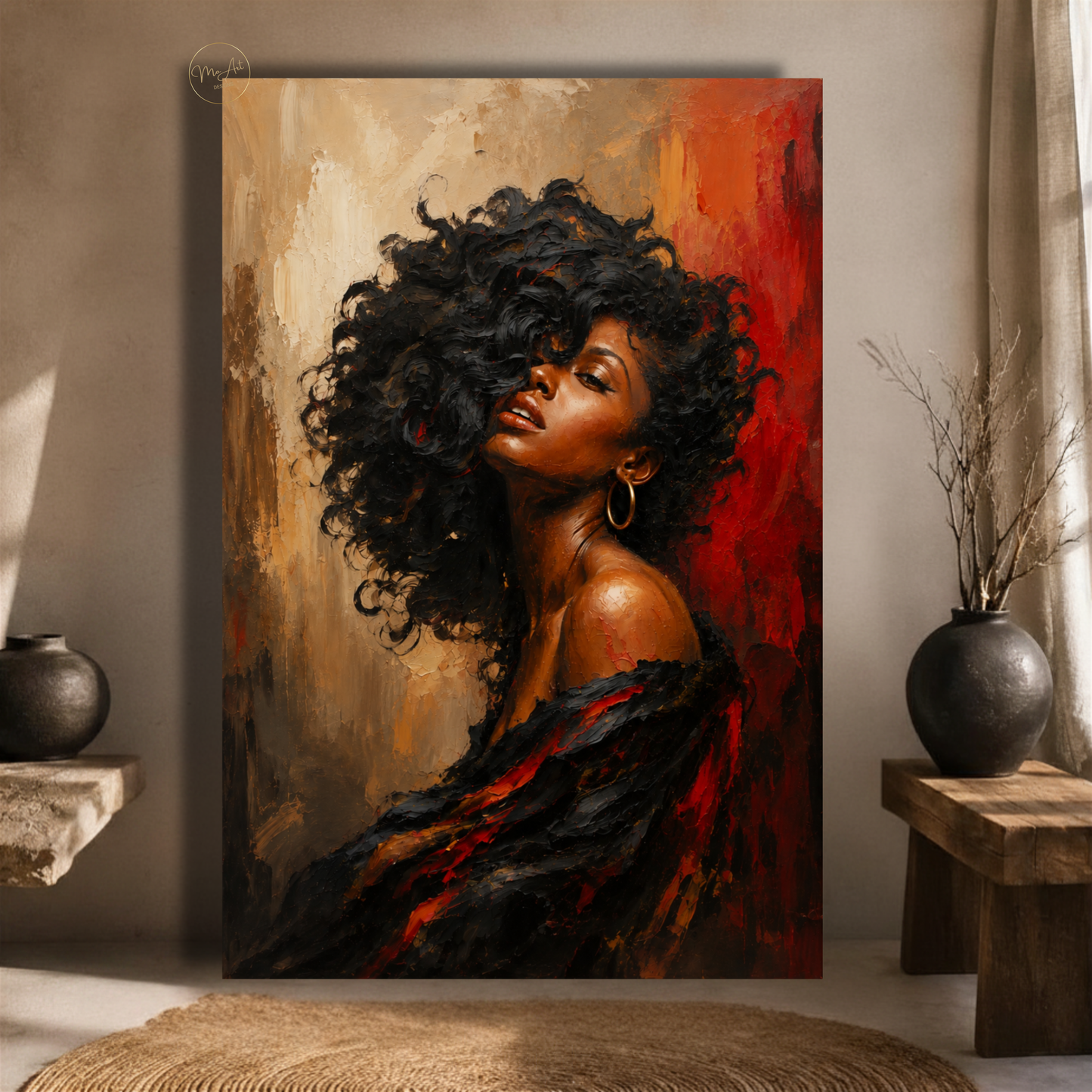 Black Woman Wall Art – Sensual Afrocentric Black, Gold & Red Canvas Print | Luxury Abstract Portrait