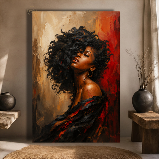 Black Woman Wall Art – Sensual Afrocentric Black, Gold & Red Canvas Print | Luxury Abstract Portrait