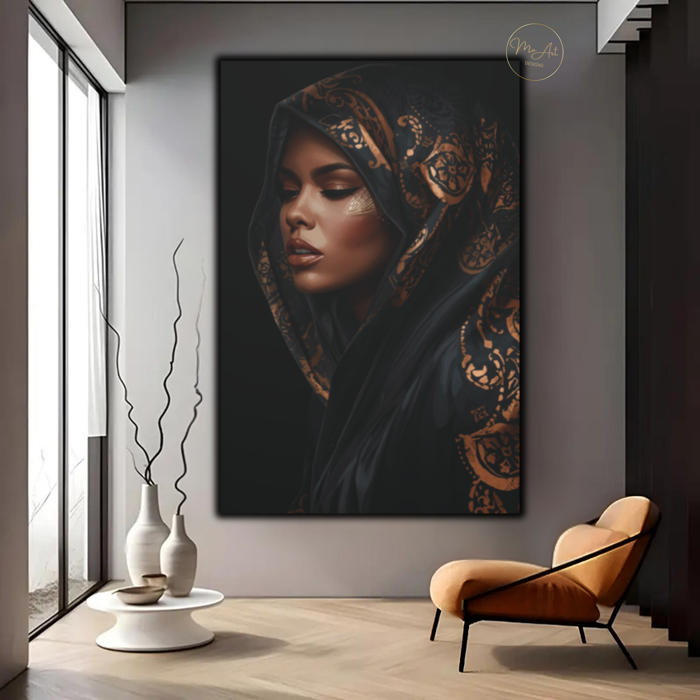 Black Woman Wall Art – Veiled Elegance | Black & Gold Luxury Afrocentric Canvas Print