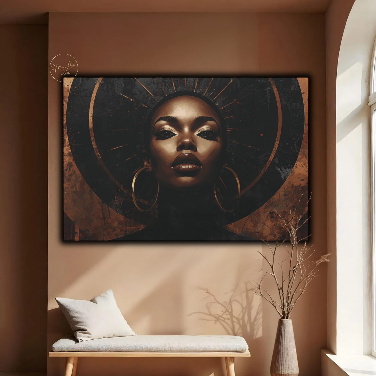 Black Woman Wall Art – Elegant Afrocentric Copper & Black Abstract Canvas Print