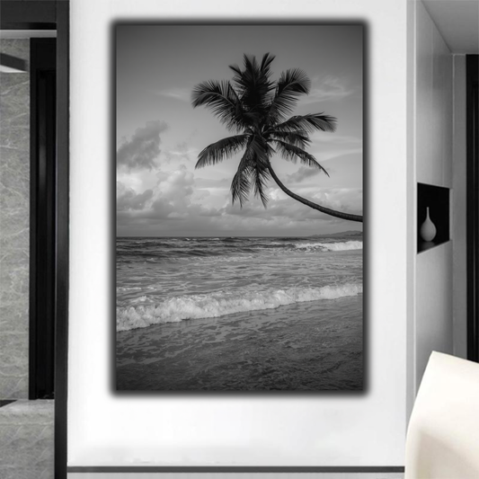 Black & White Tropical Palm Tree Wall Art – Ocean Beach Canvas Print, Coastal Home Decor, Minimalist Photography