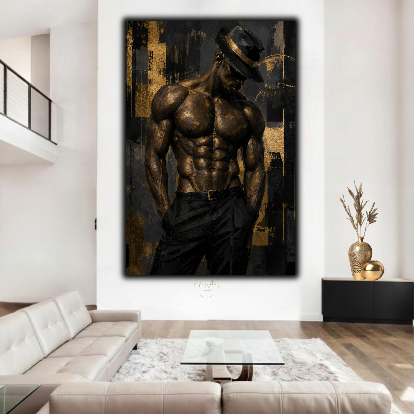 Black Man Wall Art – Sensual Afrocentric Gold & Black Abstract Masculine Canvas Print