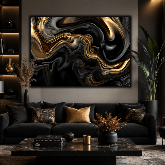 Black & Gold Abstract Wall Art Canvas – Luxury Liquid Marble Modern Art Print | Elegant Black Gold Home Decor