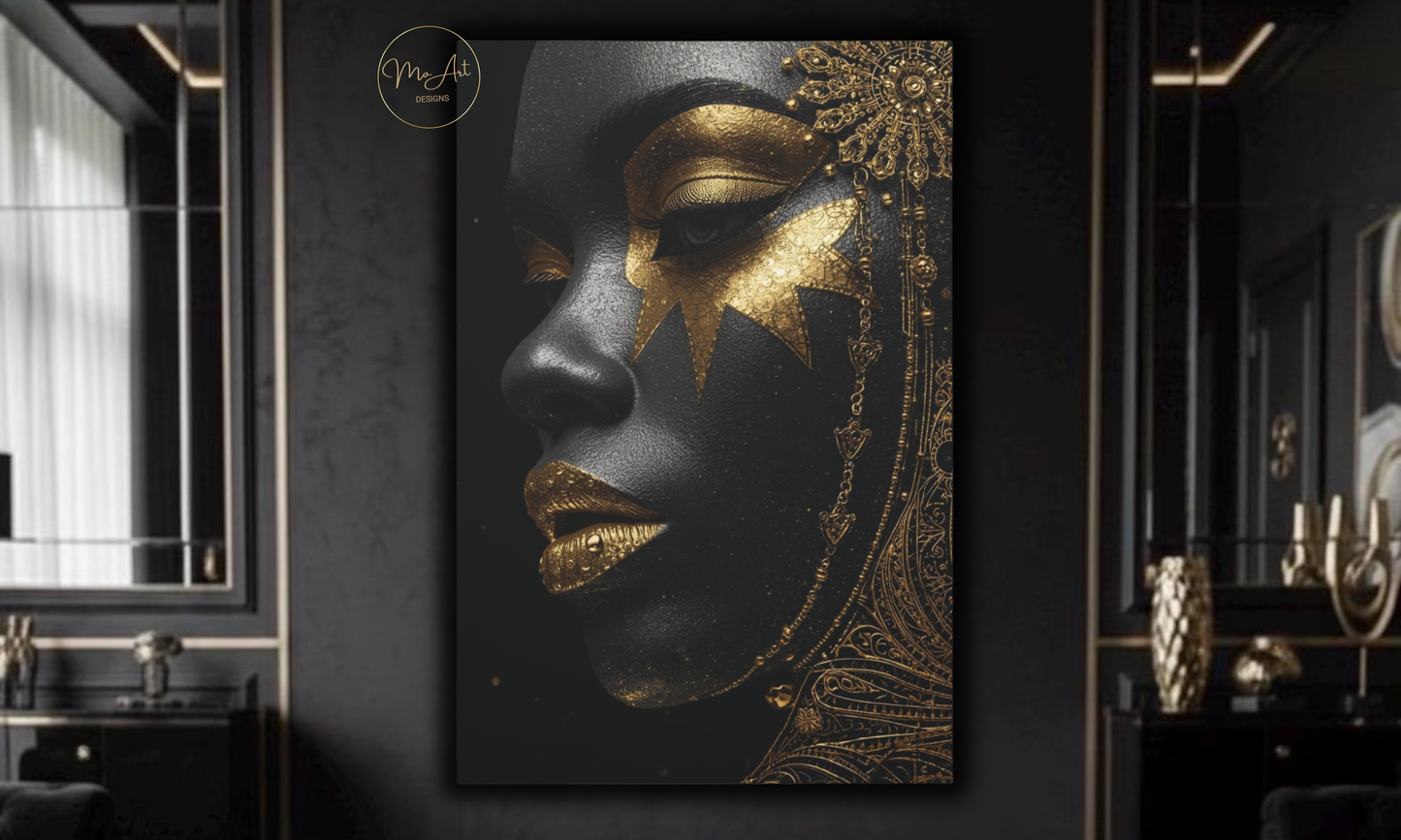 Black Woman Wall Art – Celestial Queen in Black & Gold / Canvas Print