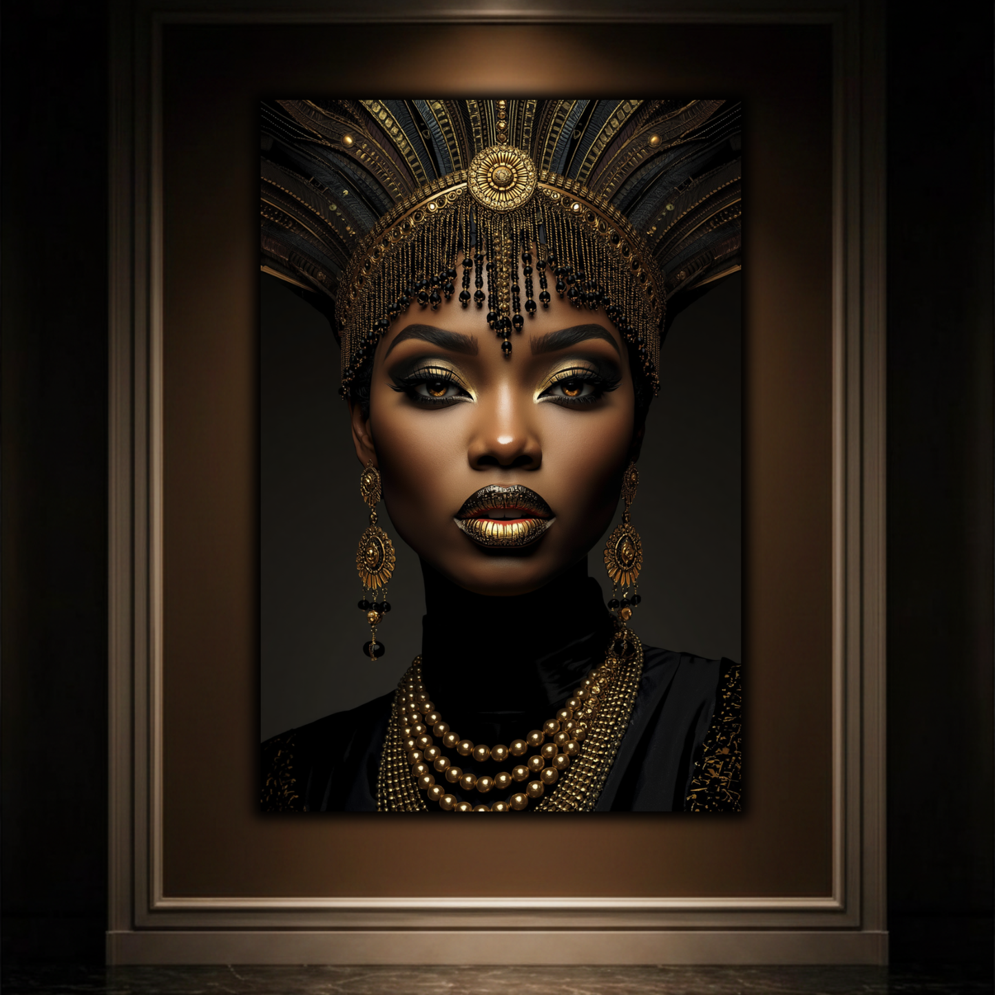 Black Woman Wall Art – African Queen Portrait Black & Gold Canvas Print | Afrocentric Luxury Wall Decor