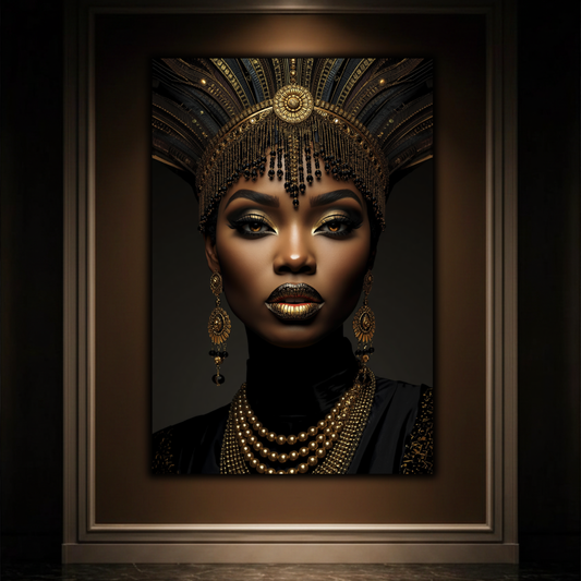 Black Woman Wall Art – African Queen Portrait Black & Gold Canvas Print | Afrocentric Luxury Wall Decor