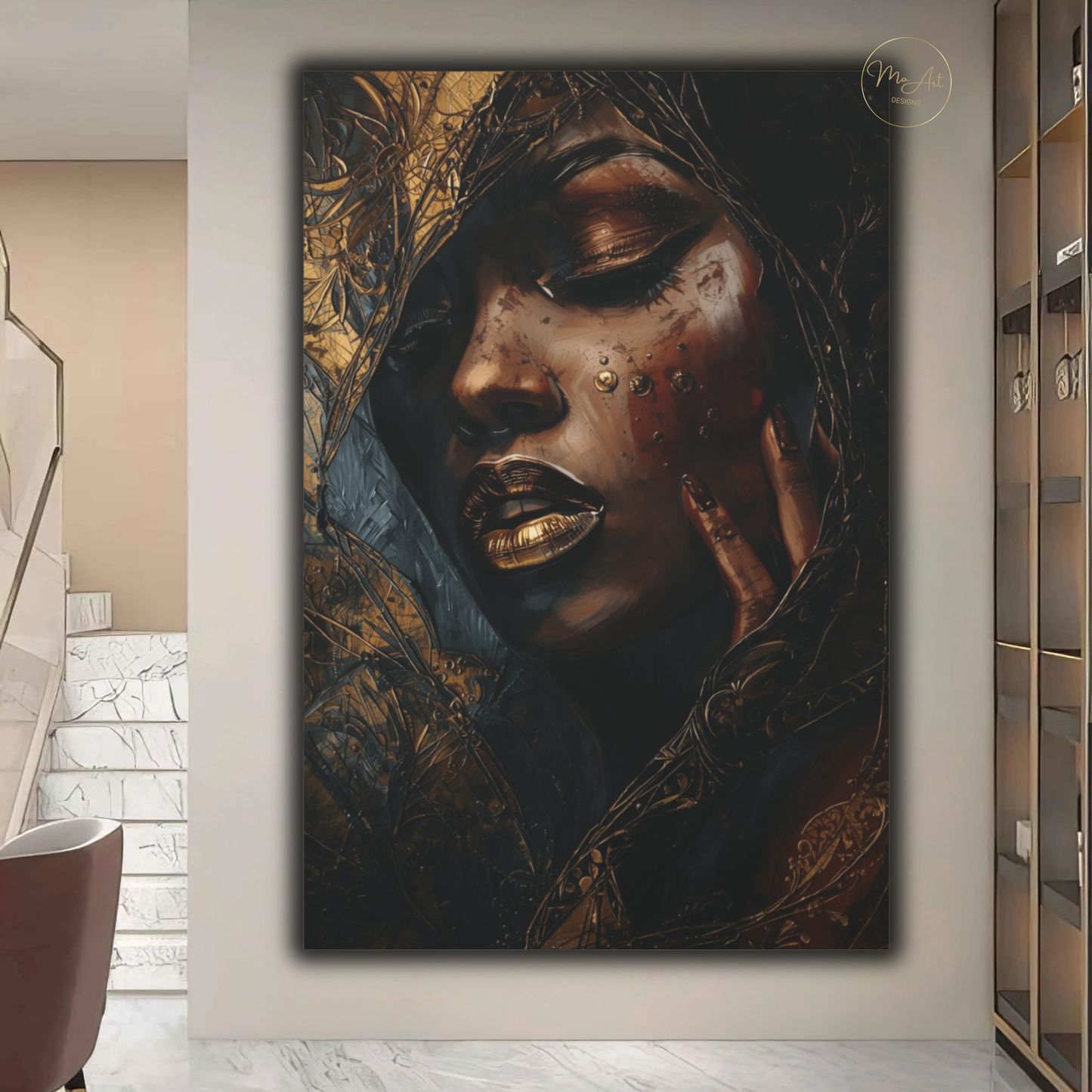 Black Woman Wall Art – Luminous Depth | Black & Gold Luxury Canvas Print