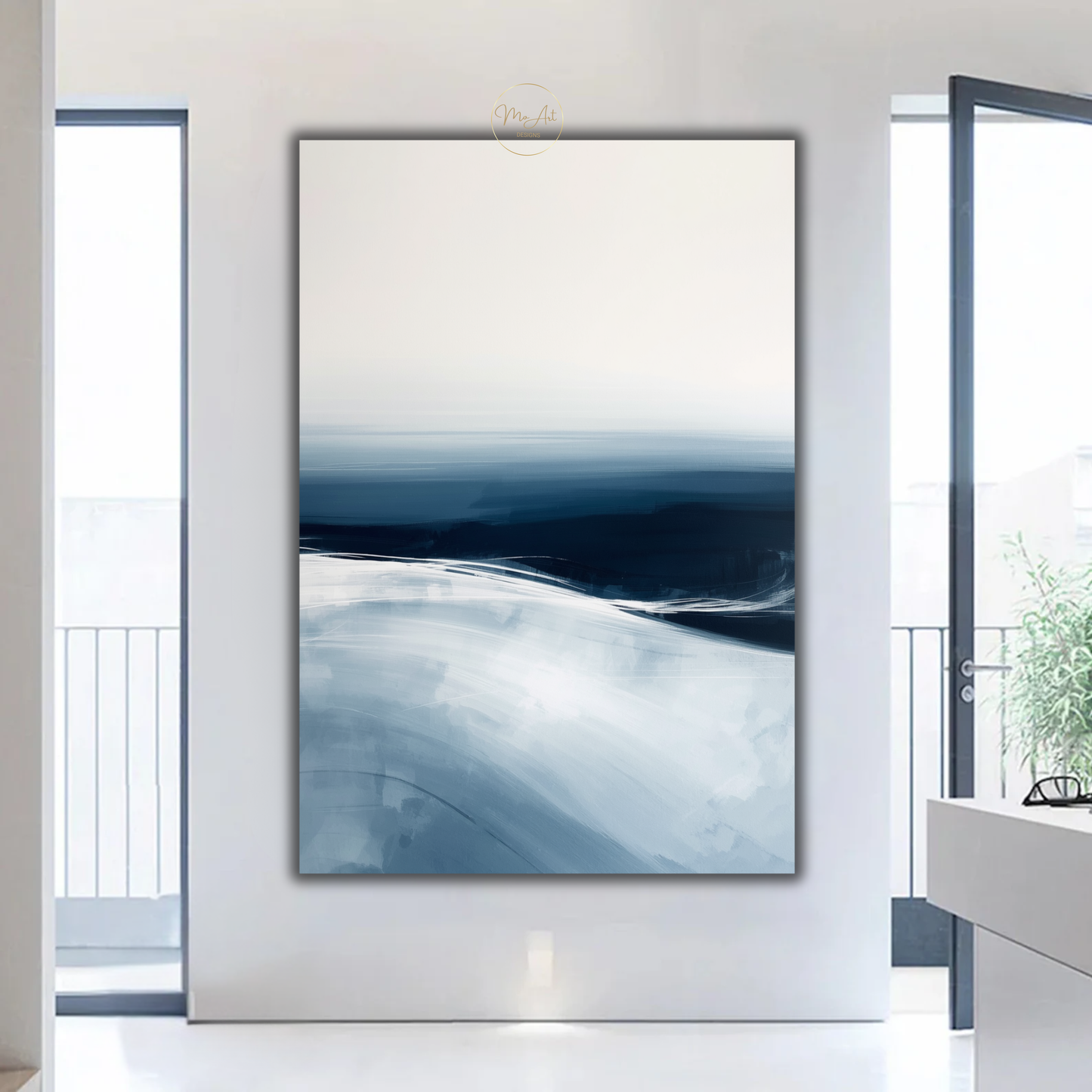 Blue Ocean Abstract Wall Art – Minimalist Coastal Canvas Print in Navy & White