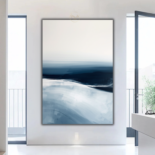 Blue Ocean Abstract Wall Art – Minimalist Coastal Canvas Print in Navy & White